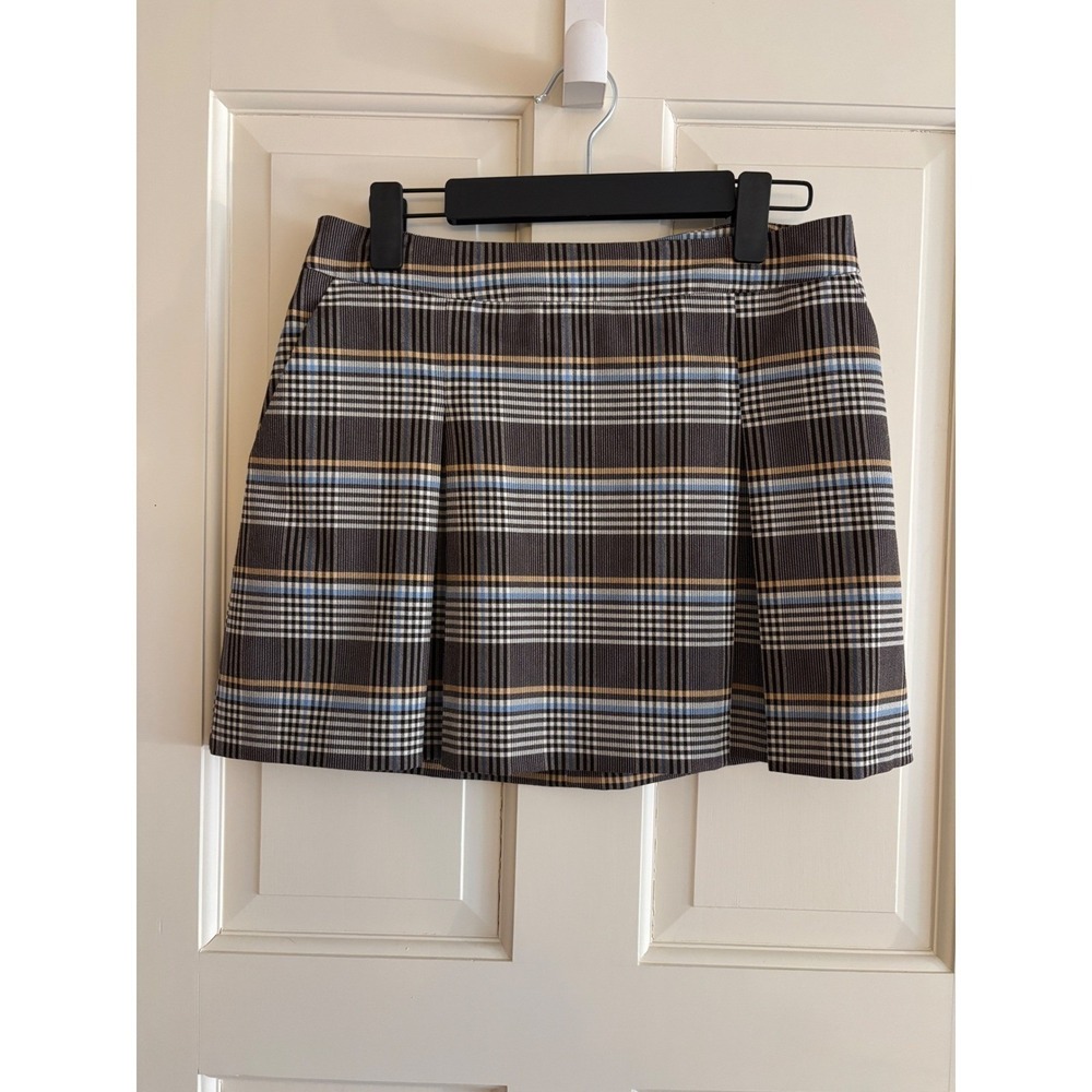 Topshop Brown Blue Plaid Pleated Mini Skirt Pockets Size US 6 UK 10
